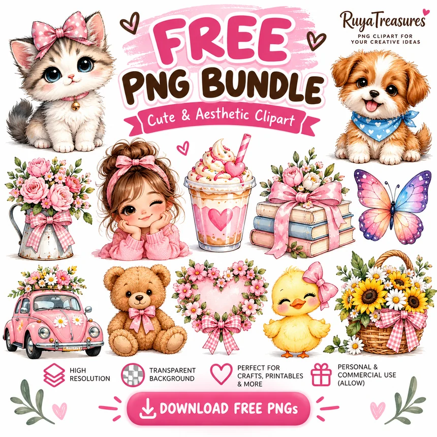 Preview of the Cute Aesthetic Clipart PNG Bundle: cute animals, flowers, a pink car, a teddy bear and other pastel clipart.